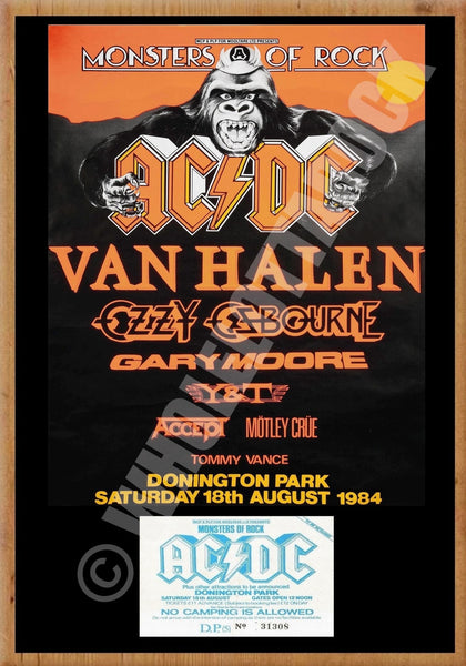 AC/DC Vintage Concert Poster Donington UK 1984 + Ticket Reproduction P ...