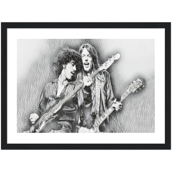 Phil Lynott With Scott Gorham Pencil Sketch Drawing Classic Matte Paper Wooden Framed Poster